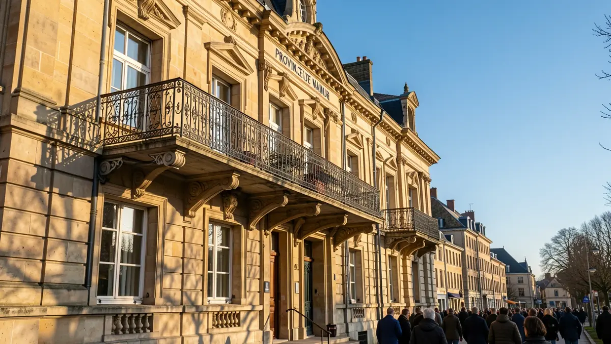 Stone facade of the Province of Namur's town hall with an ornate balcony and iron railings, illuminated by afternoon sun.