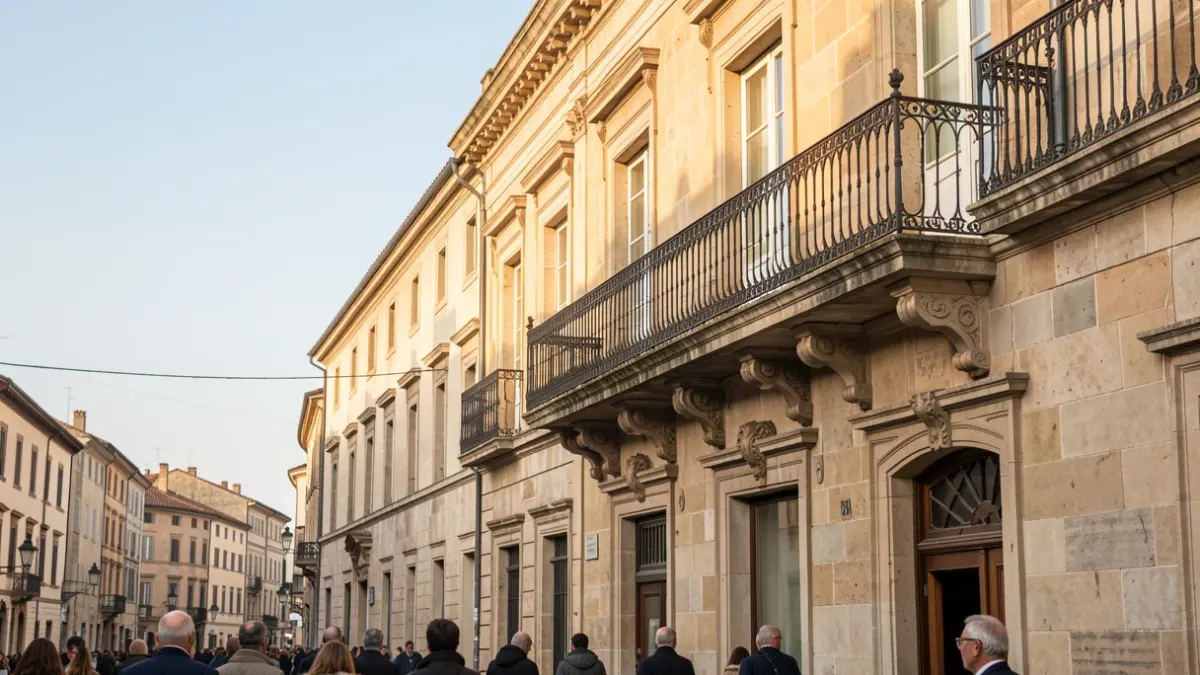 Generic image of a historical stone building facade with an ornate balcony and iron railings, in warm late afternoon light.