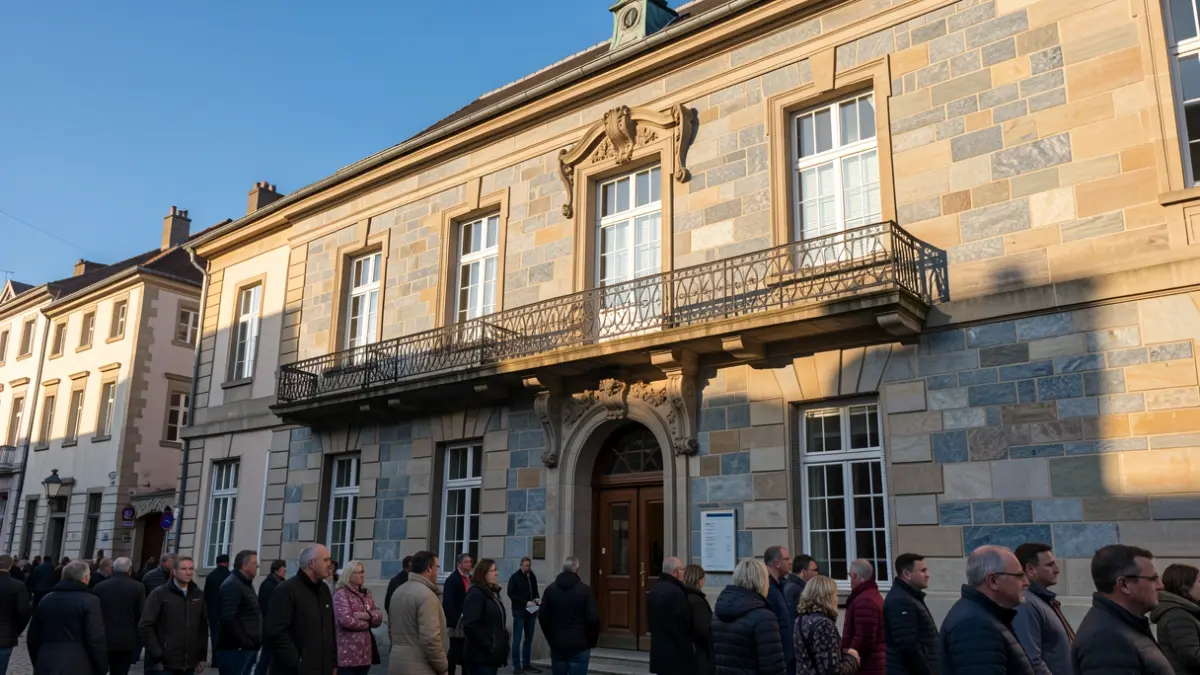 Generic image of a traditional Walloon stone town hall facade with an ornate balcony and iron railings. Warm afternoon sunlight on sandstone walls, under a blue sky.