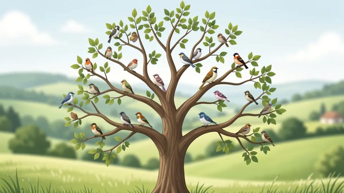 Image générique d'un arbre avec des oiseaux, dans un style illustratif doux.