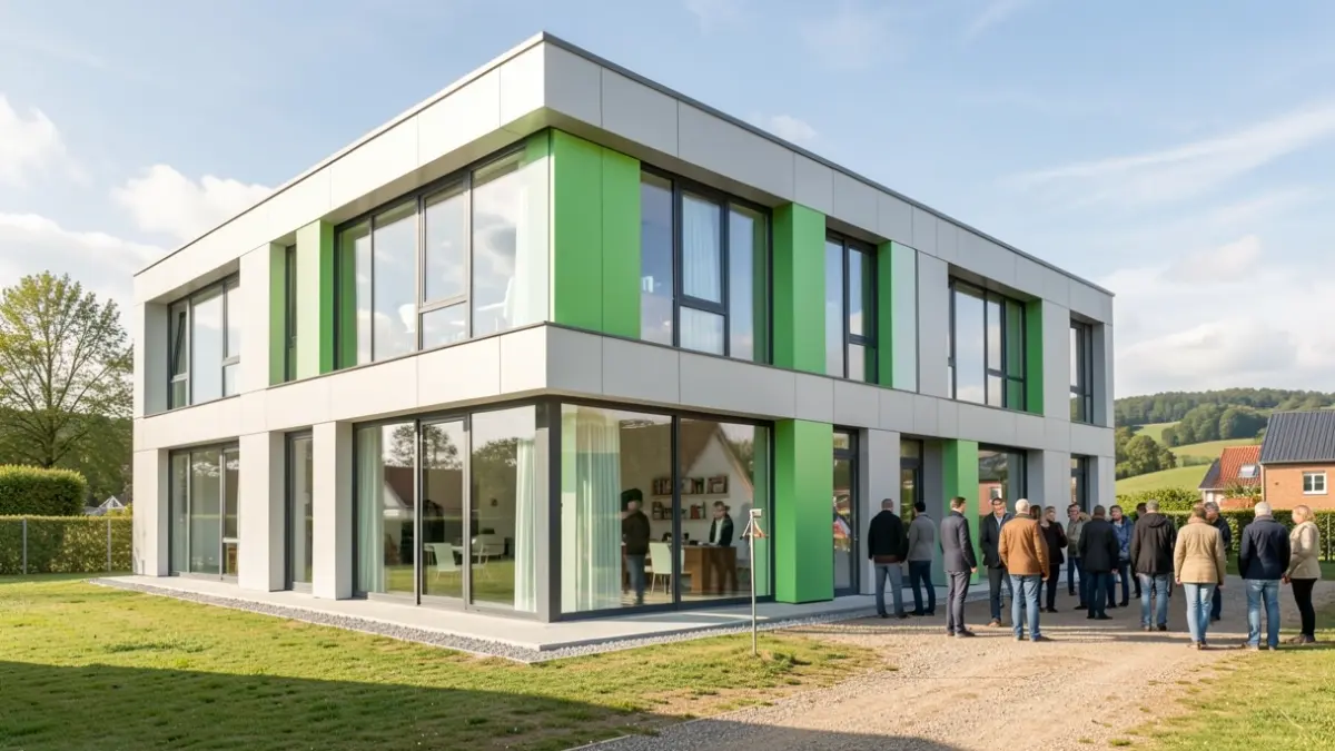 Image générique d'une façade de bâtiment moderne et écoénergétique dans un paysage wallon.