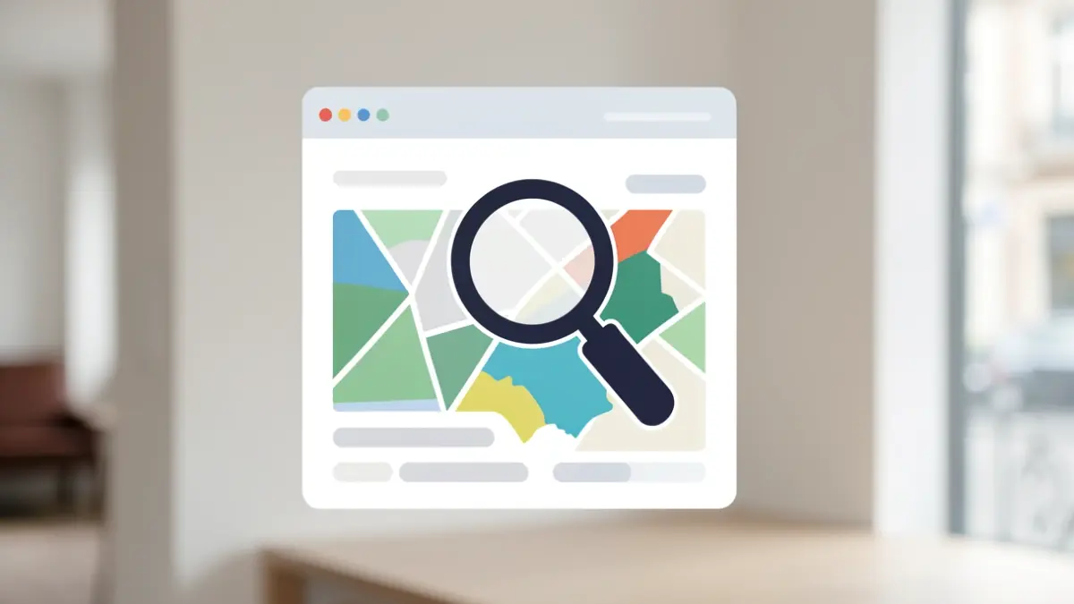 Stylized interface of a digital directory with a magnifying glass and map, on a modern background.
