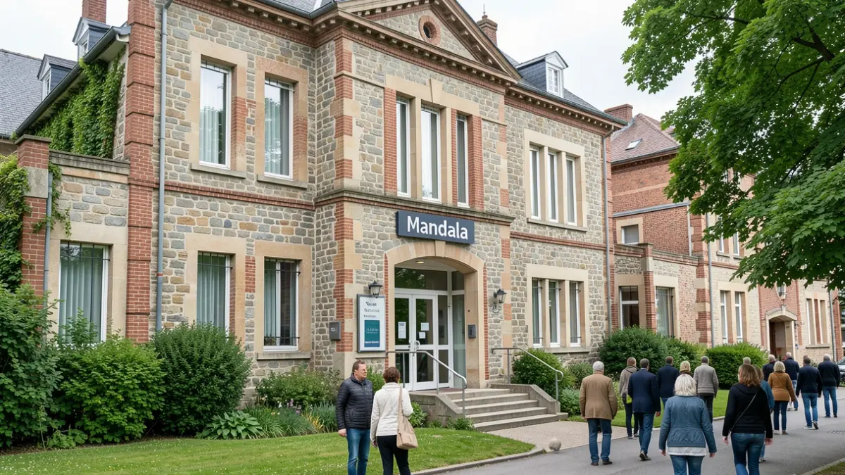 Facade of the Sainte-Anne site of CHU UCL Namur in Dinant, Belgium, with a 'Mandala' sign. Stone and brick building, temperate northern light, green surroundings. No text visible.