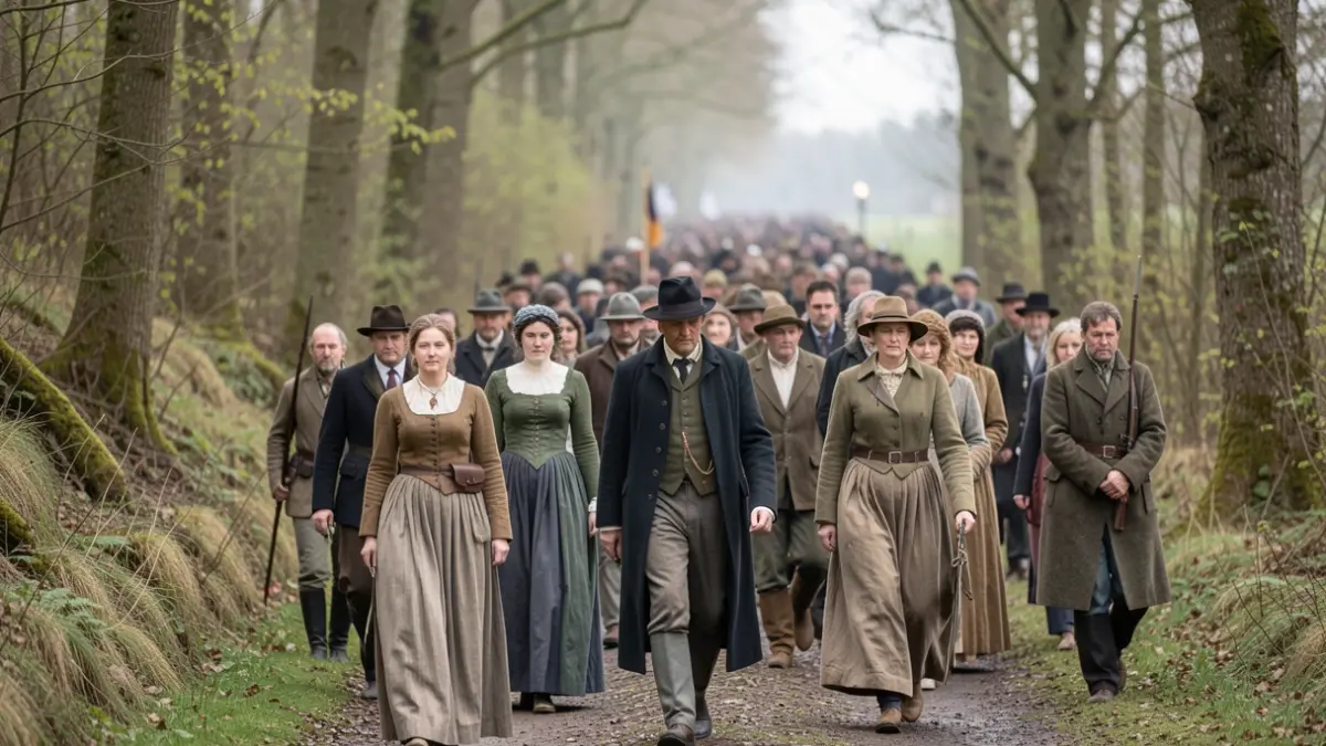 Image d'une marche commémorative de la Bataille des Ardennes, avec des figurants en tenue d'époque dans un paysage boisé de Wallonie.