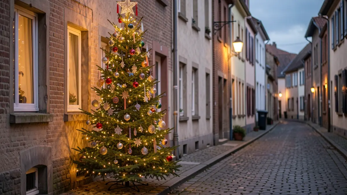 Un sapin de Noël décoré devant une maison à Martelange, ambiance festive.