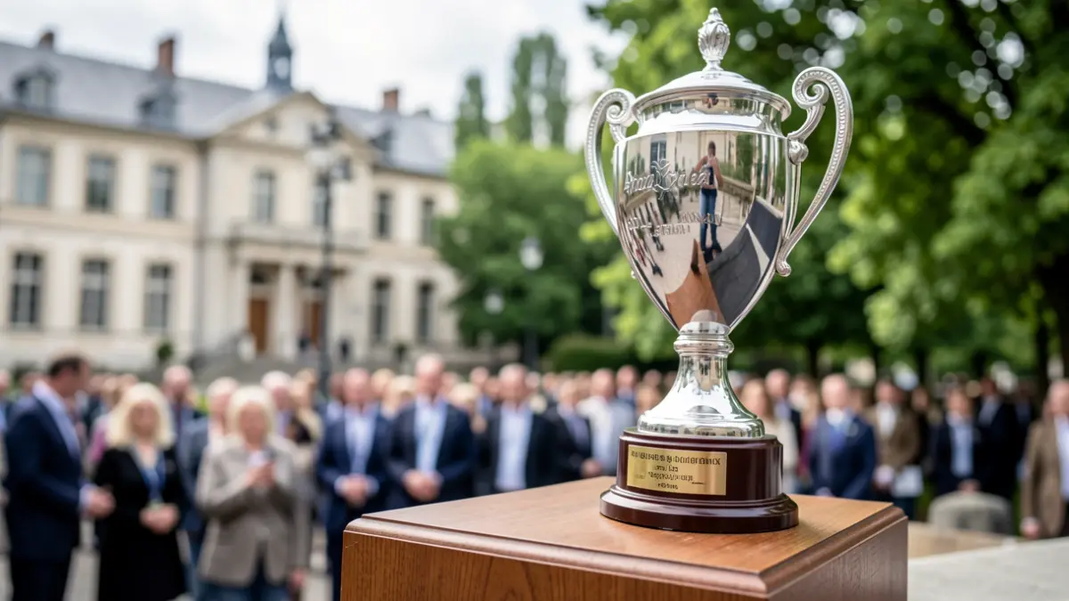 Image générique d'un trophée sportif devant un bâtiment communal.