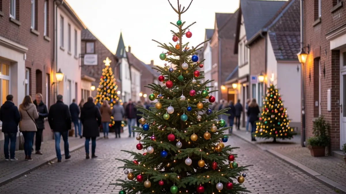 Un sapin de Noël décoré, installé dans la rue à Martelange, dans le cadre de l'opération 'Sapins de Noël dans nos rues'.