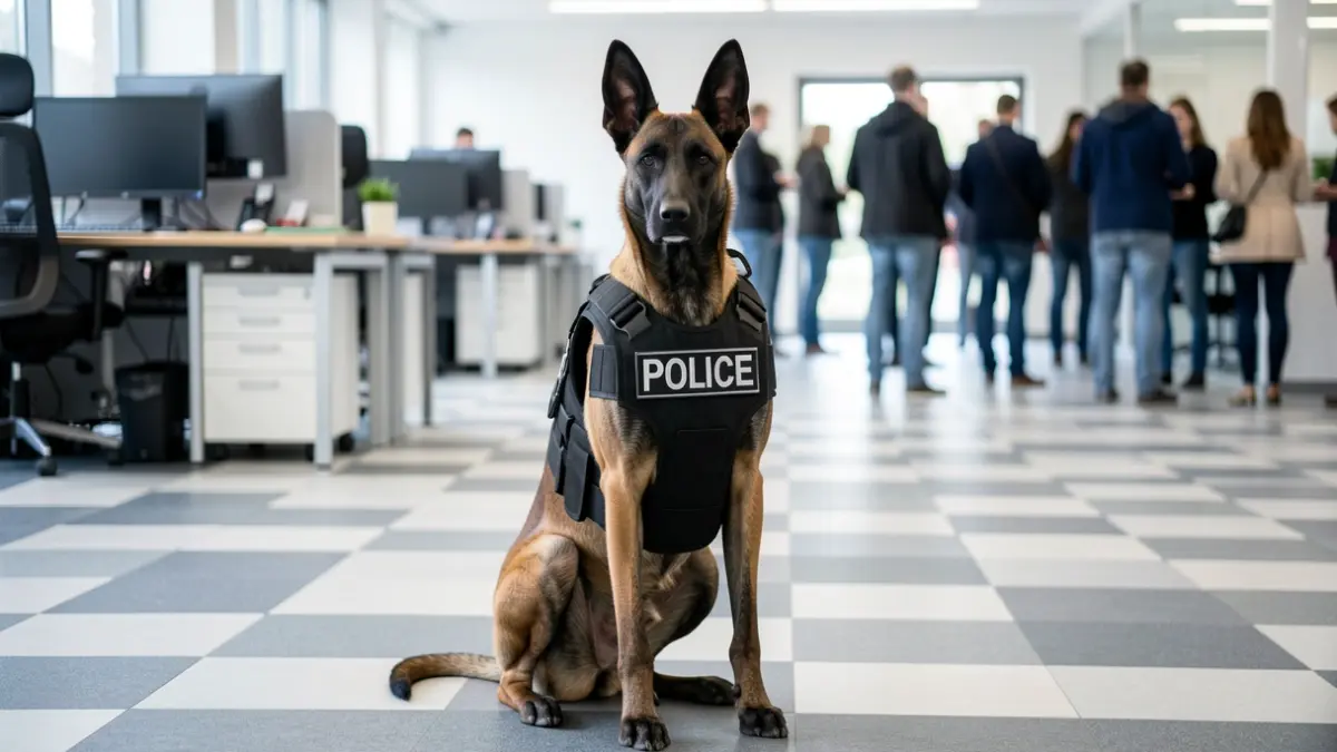 Image générique d'un chien policier belge en uniforme, assis dans un poste de police moderne. La scène est éclairée par une lumière douce et diffuse, mettant l'accent sur l'expression attentive de l'animal. Aucun nom propre n'est utilisé.