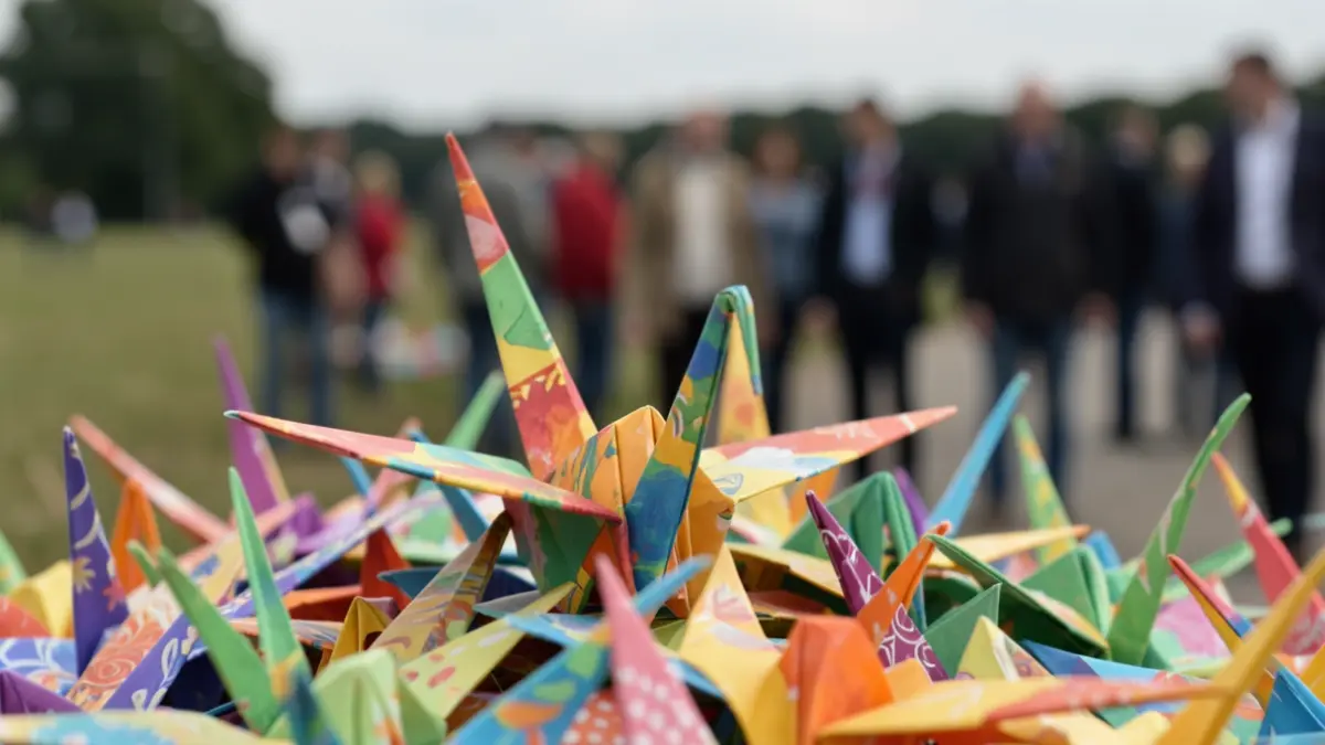 Generic image of several colorful origami figures stacked, with a single origami highlighted. Soft, blurred background lighting.