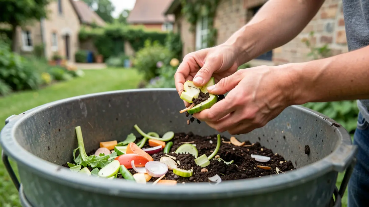 Image générique de mains triant des déchets de cuisine dans un composteur collectif, dans un cadre villageois belge.