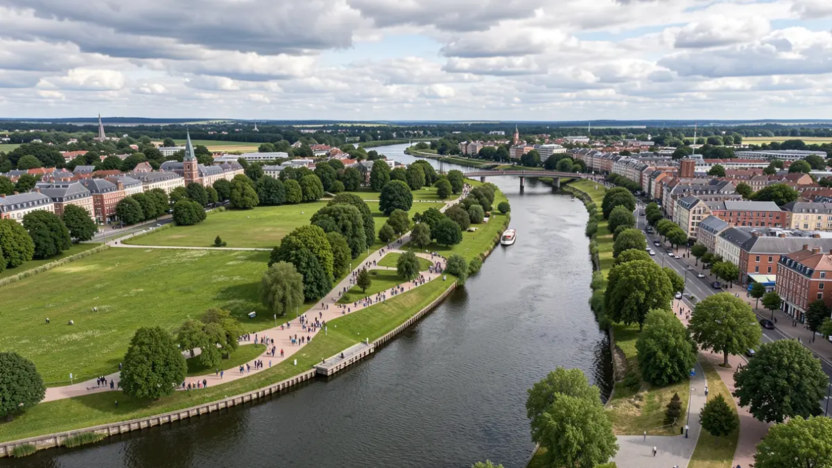 Vue aérienne des bords de Meuse à Namur, Belgique, montrant des espaces verts et des éléments urbains sous un ciel couvert.