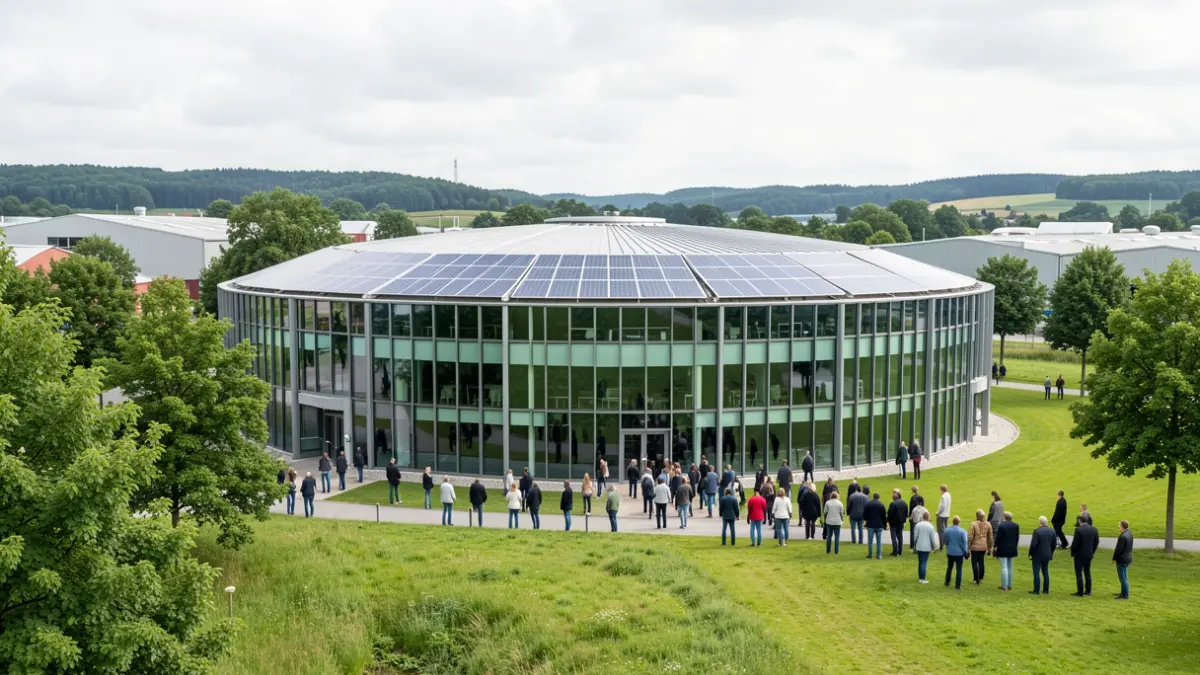 Façade d'un centre d'économie circulaire à Ecolys®, Namur, avec panneaux solaires et espace vert.