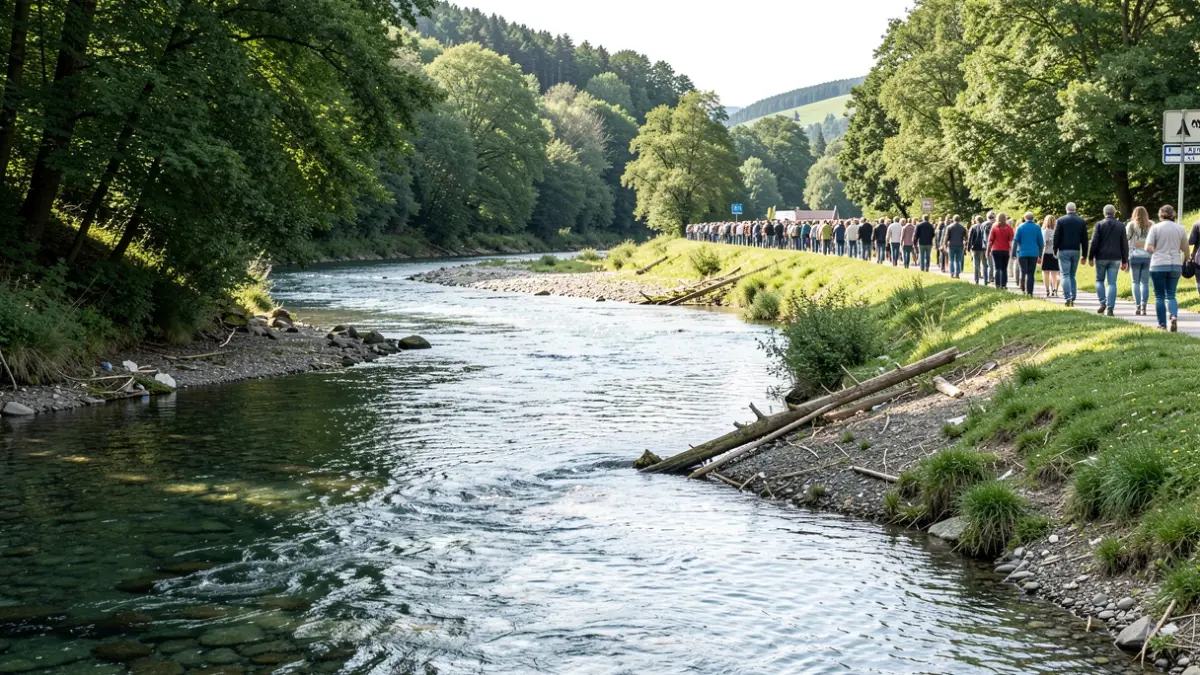 Generic image of a river in Wallonia with some debris on the banks, under a sunny sky.