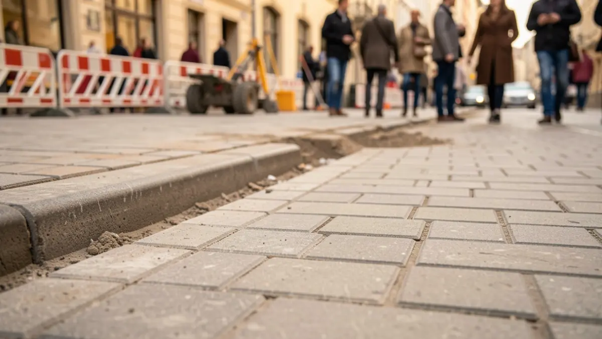 Generic image of sidewalk renovation work with new paving stones and construction barriers.