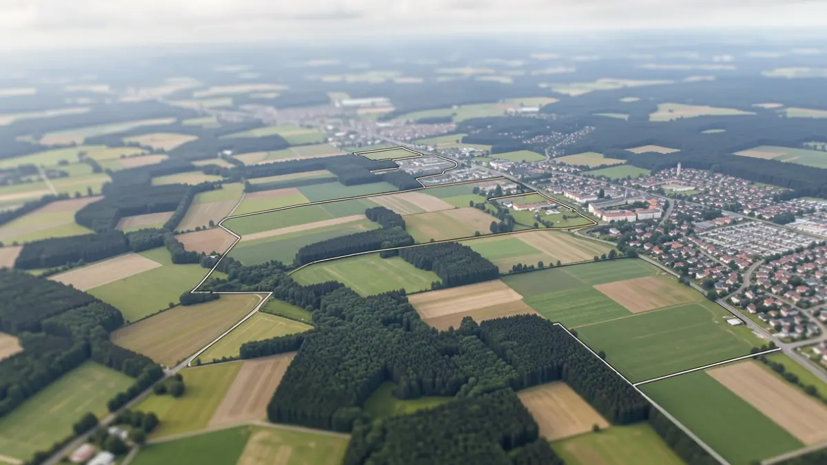 Aerial view of the Wallonia region, showing a patchwork of agricultural fields, forests, and urban areas, with clear demarcation lines indicating orthophoto mapping. Soft, diffused daylight, typical of northern European skies. No text or logos visible.