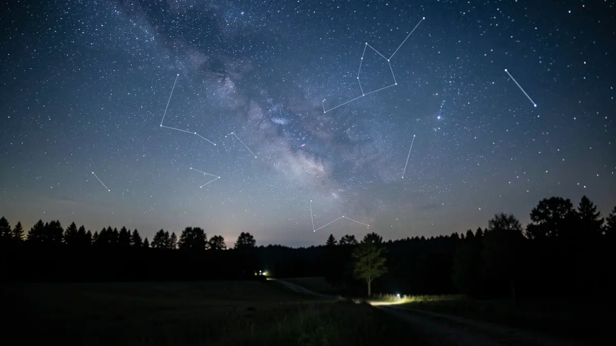Ciel nocturne étoilé au-dessus d'un paysage naturel sombre, avec des silhouettes d'arbres et une faible lueur.
