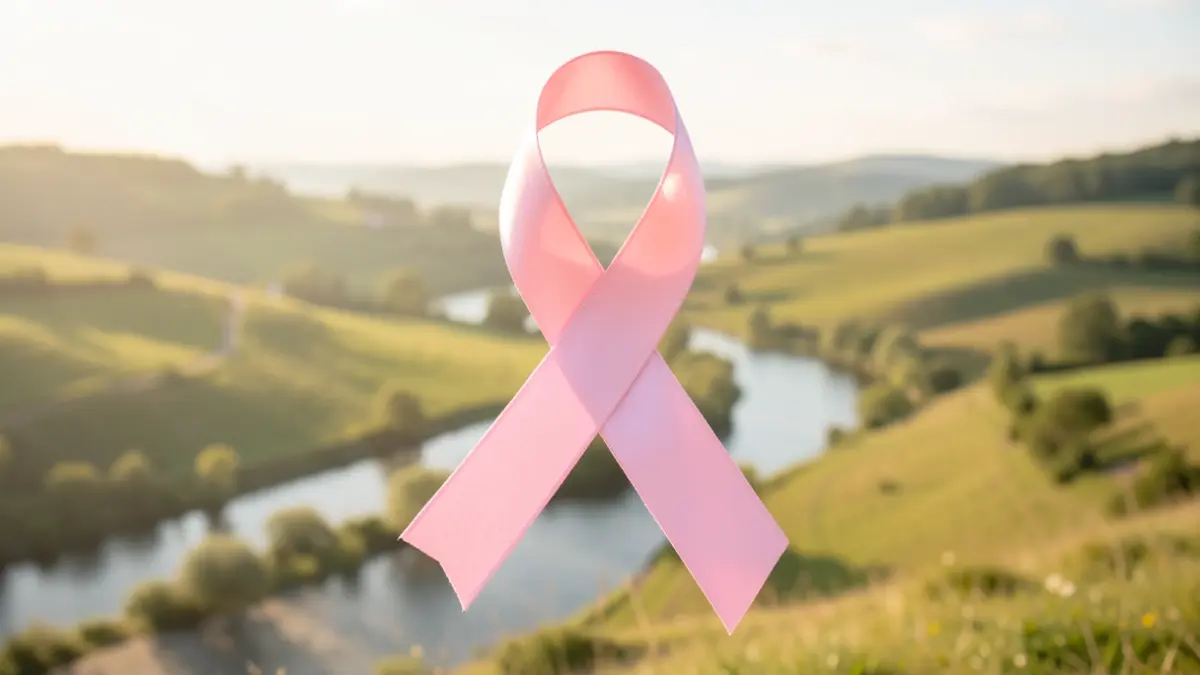 Symbole de la campagne Octobre Rose en Wallonie, avec un ruban rose et des éléments paysagers discrets, dans une lumière douce.