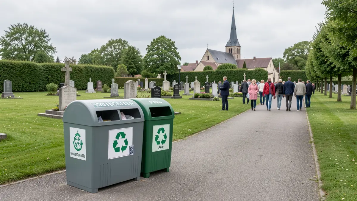 Generic image of selective sorting bins installed in a Walloon cemetery, with explanatory signs.