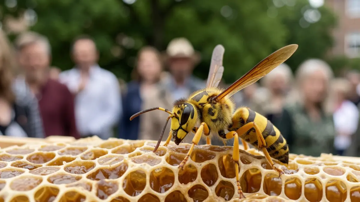 Close-up of an Asian hornet on a honeycomb, with a blurred green background.