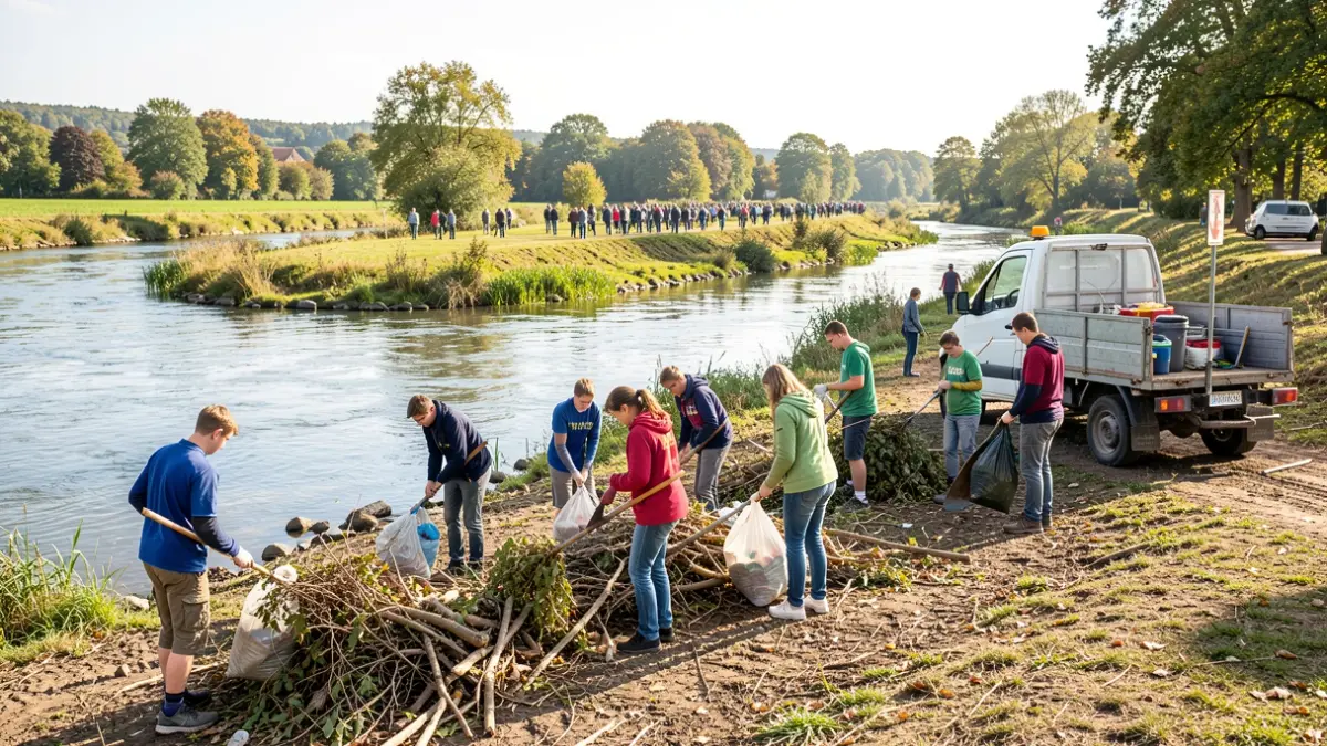 Des jeunes volontaires nettoient les berges de la rivière Hain à Braine-le-Château dans le cadre de l'opération « Hain propre ».