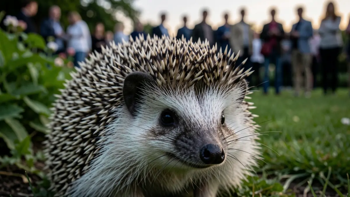 Close-up of a hedgehog's face with its characteristic spines, seen from a low angle in a garden at dusk. Soft, diffused light.