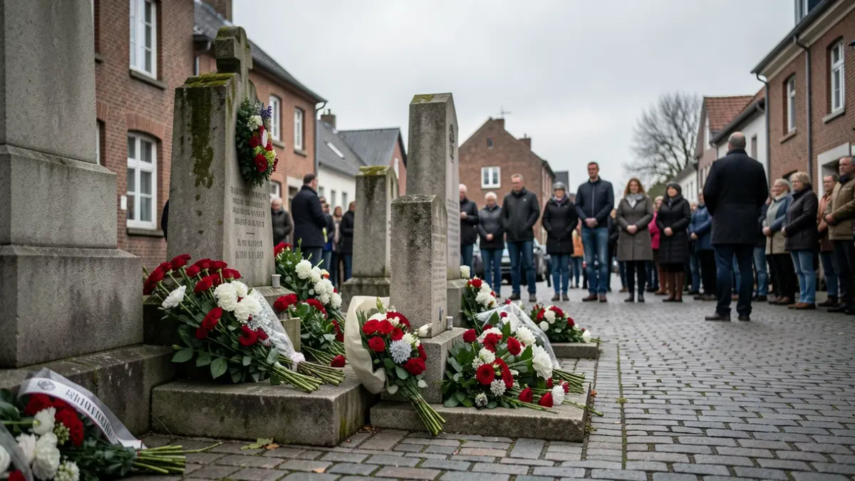 Image générique de monuments commémoratifs et de personnes assistant à une cérémonie dans un village wallon.