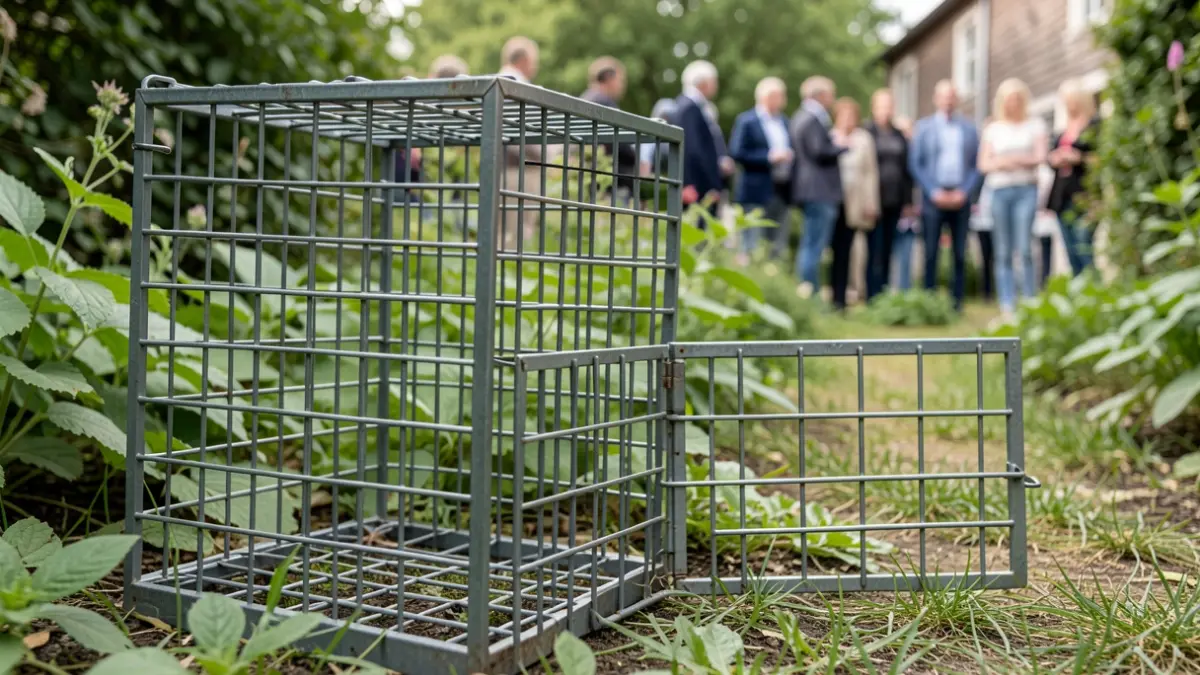 Cage de capture pour chats errants dans un jardin.