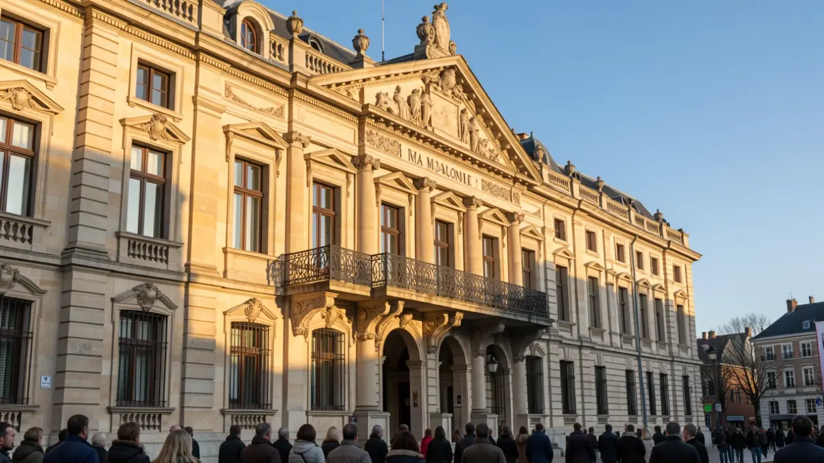 Façade d'un hôtel de ville en pierre de style mosan, avec un balcon en fer forgé, sous un ciel bleu d'après-midi.