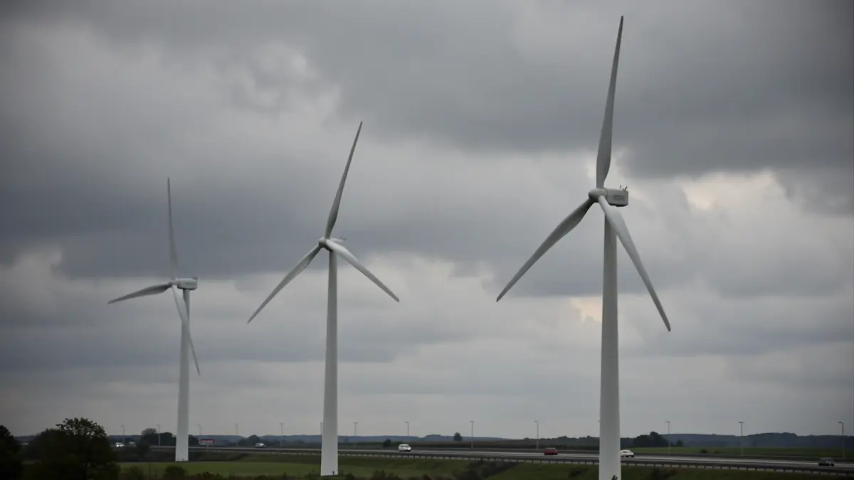 Image générique de turbines éoliennes sous un ciel couvert en Wallonie, symbolisant une décision administrative.