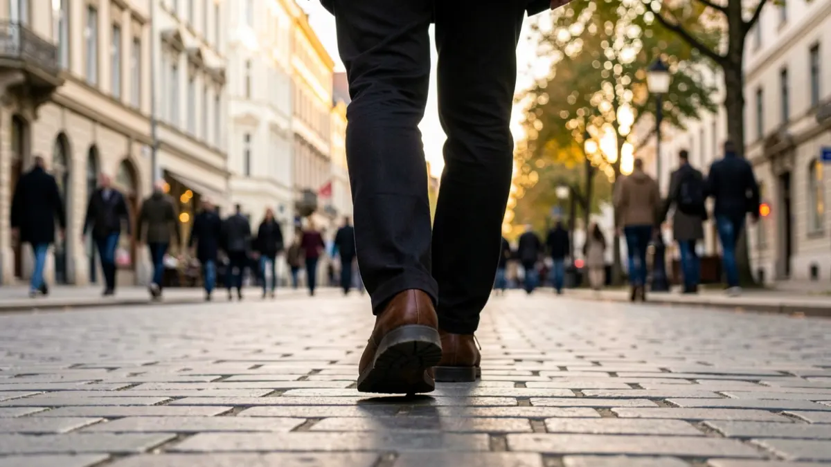 Feet walking on a sidewalk in a Belgian commune, with blurred buildings and trees in the background.