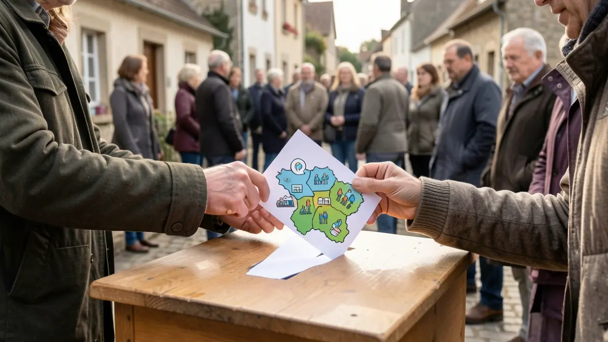 Image générique de participation citoyenne dans une commune wallonne, avec des mains déposant une suggestion dans une urne ou une carte stylisée de la commune avec des icônes de projets communautaires.