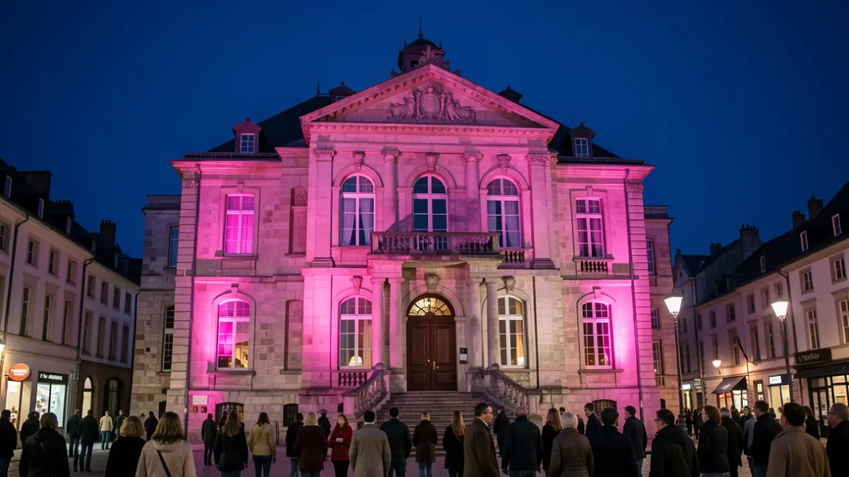 L'hôtel de ville de Perwez illuminé en rose pour l'opération "Pink Illumination".