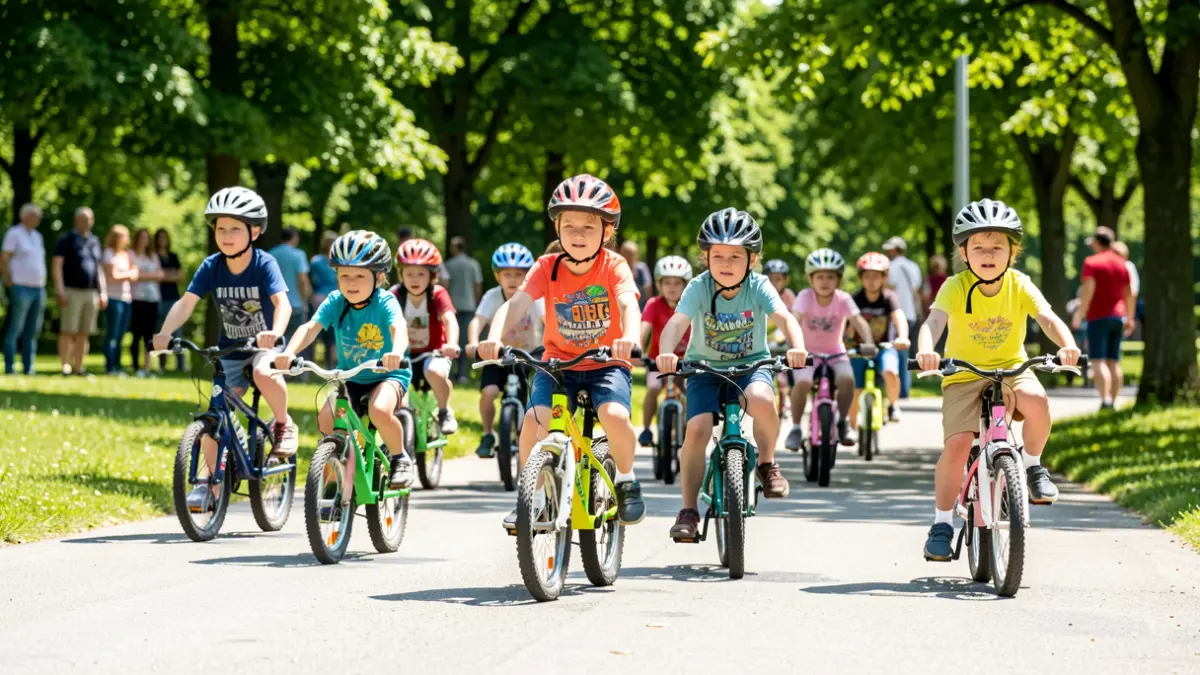 Des enfants participent à une formation de brevet cycliste dans un cadre verdoyant.