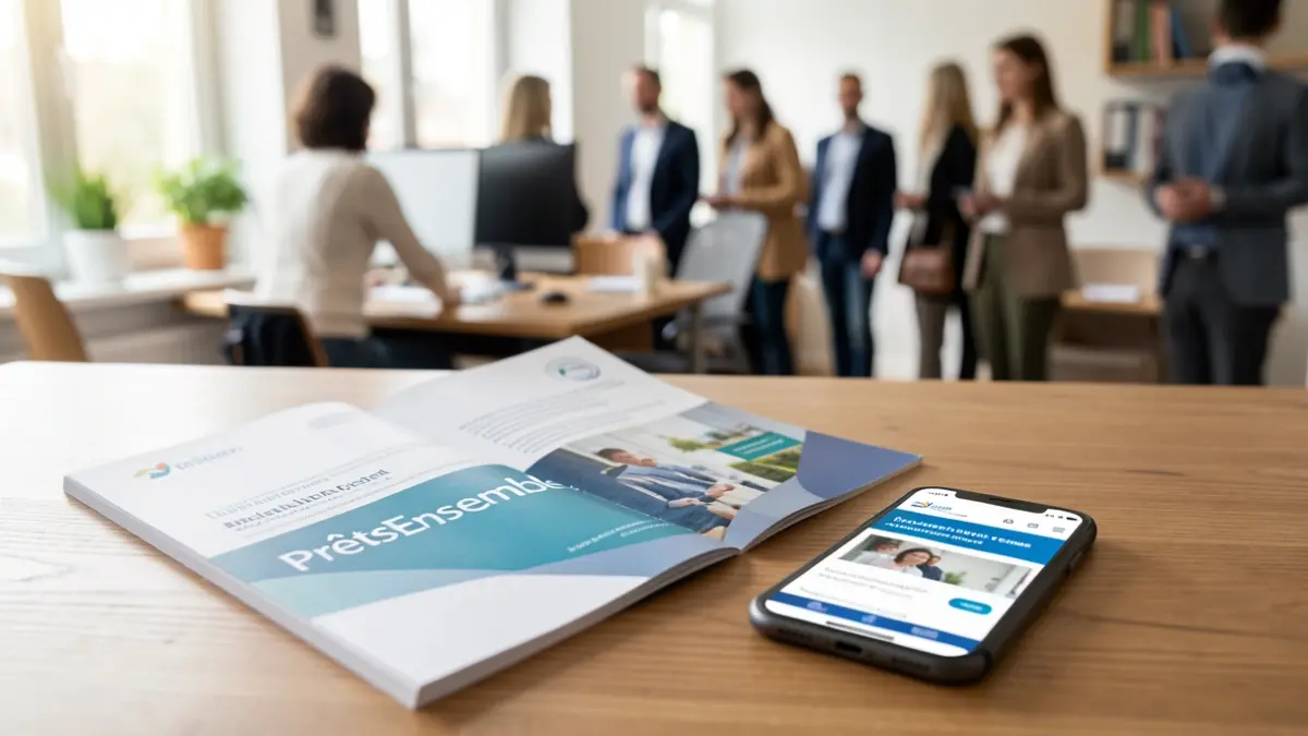 Brochure 'PrêtsEnsemble' ouverte sur une table, à côté d'un smartphone affichant le site du Centre de crise national.