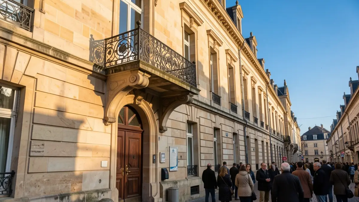 Image générique de la façade d'une maison communale en pierre avec balcon en fer forgé, sous un soleil d'après-midi.