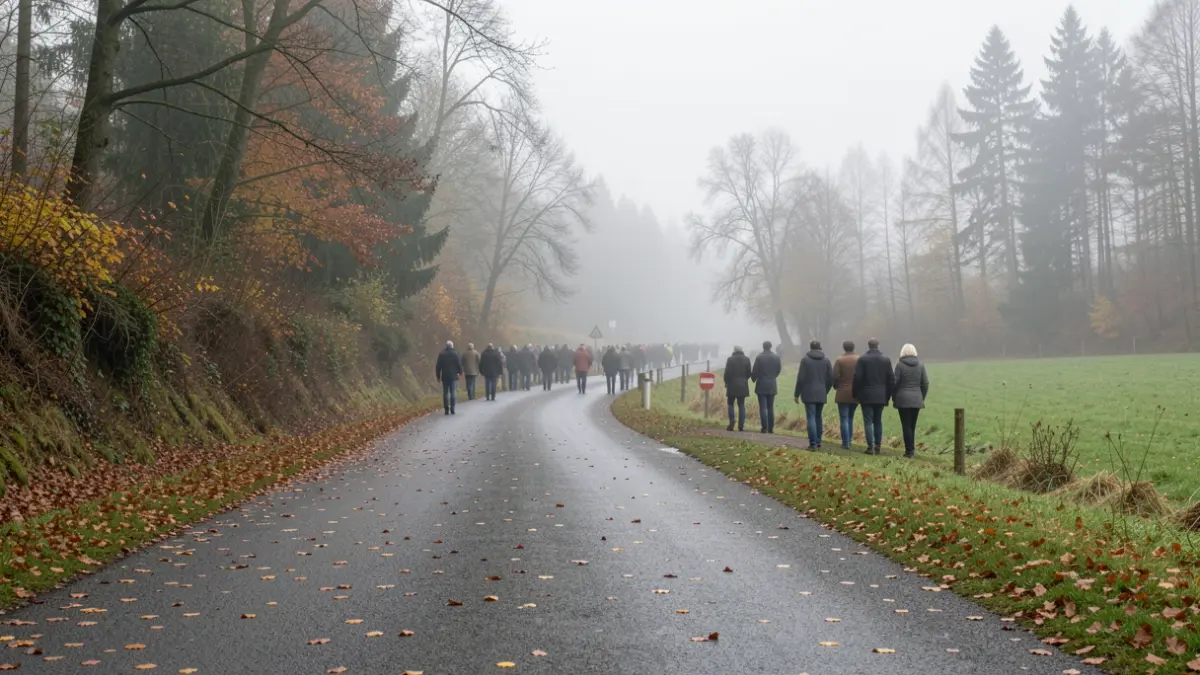 Generic image of a Walloon road in mist with autumn leaves.