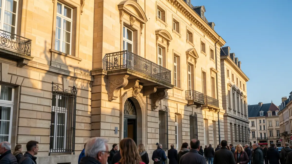 Image générique de la façade d'un bâtiment administratif en pierre, avec un balcon orné et des garde-corps en fer forgé, sous un soleil d'après-midi.