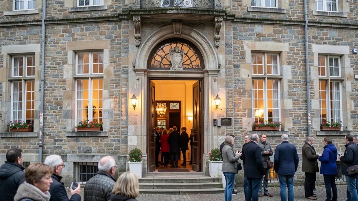 Facade of the Musson town hall, a local stone municipal building, with the door open and welcoming lights.