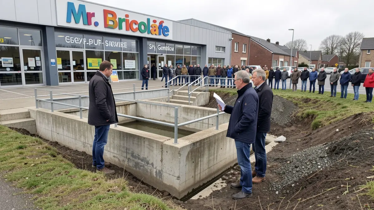 Visite technique d'un bassin d'orage à Spy, Gembloux, pour la prévention des inondations.