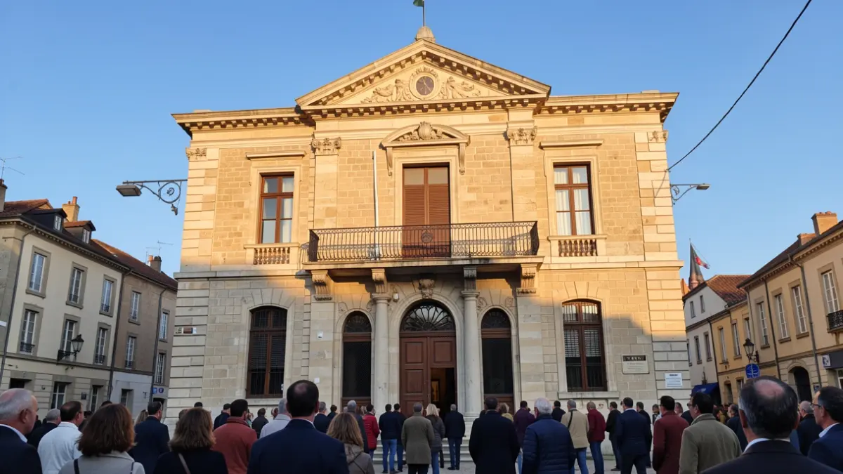 Façade de l'hôtel de ville de Virton, un bâtiment en pierre avec balcon et rambardes en fer, sous le soleil de fin d'après-midi.