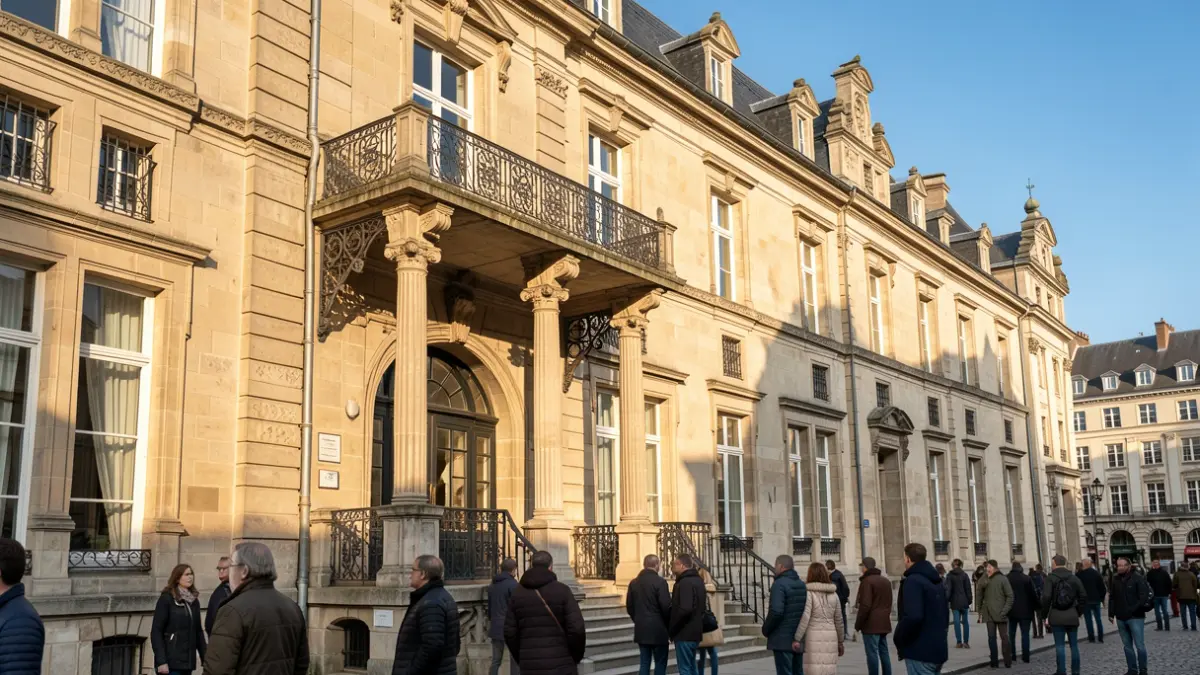 Façade de l'Hôtel de Ville de Namur, un bâtiment historique en pierre avec balcon orné et balustrade en fer forgé, sous la douce lumière du soleil d'après-midi.
