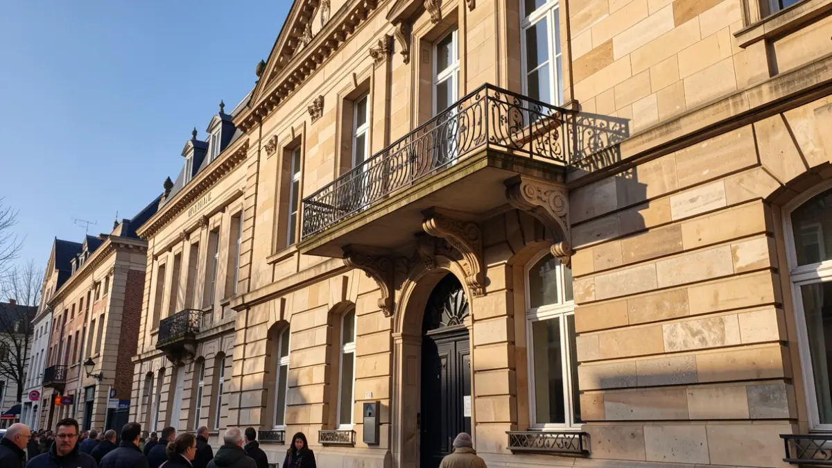 Stone facade of a Wallonie town hall with ornate balcony and iron railings, warm afternoon sunlight.