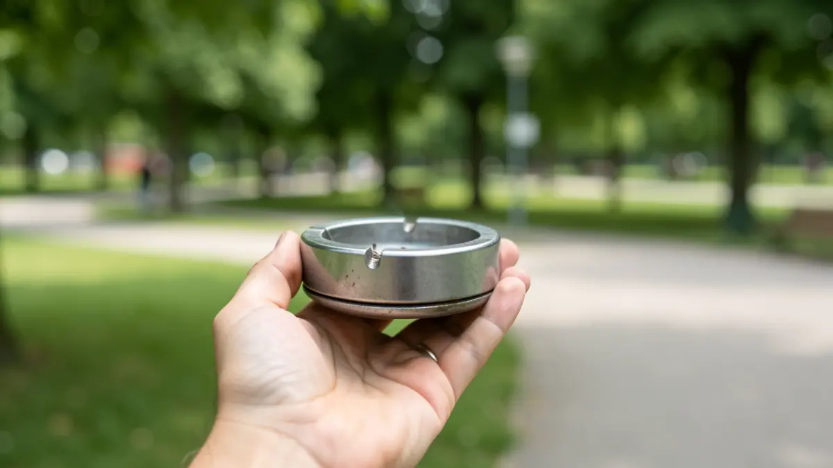 Generic image of a hand holding a small pocket ashtray, with a clean public park in the background.