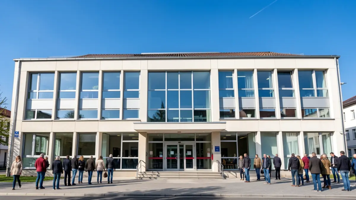 Generic image of the facade of a modern municipal building in Wallonia, featuring large windows and a prominent entrance, under a clear blue sky. The architecture is functional and welcoming, reflecting public service. No text or people visible.