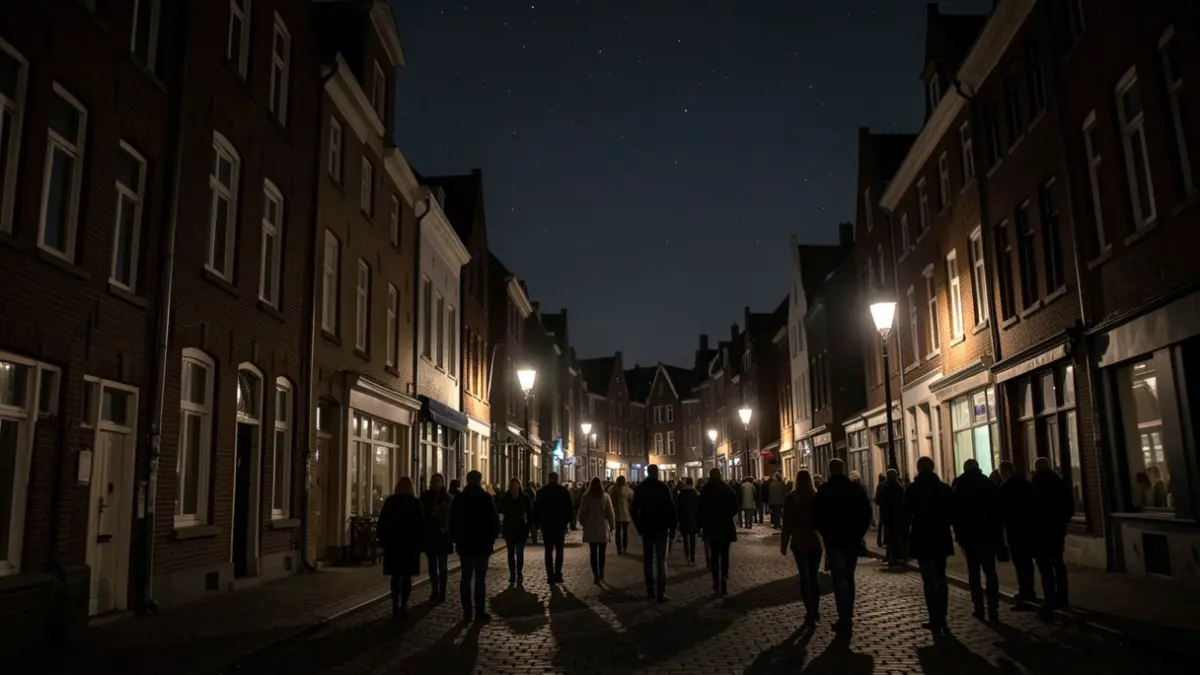 Generic image of a dark street in Belgium at night, with minimal lighting and a clear sky.