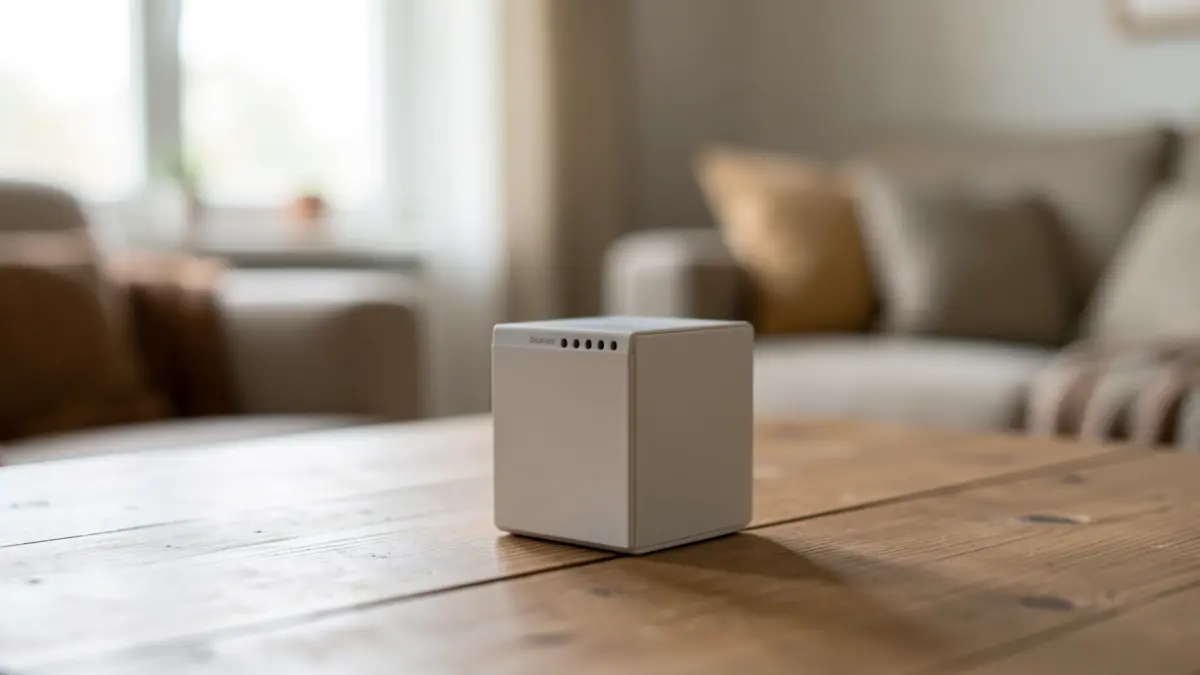 Radon detector placed on a wooden table in a living room, soft natural light.