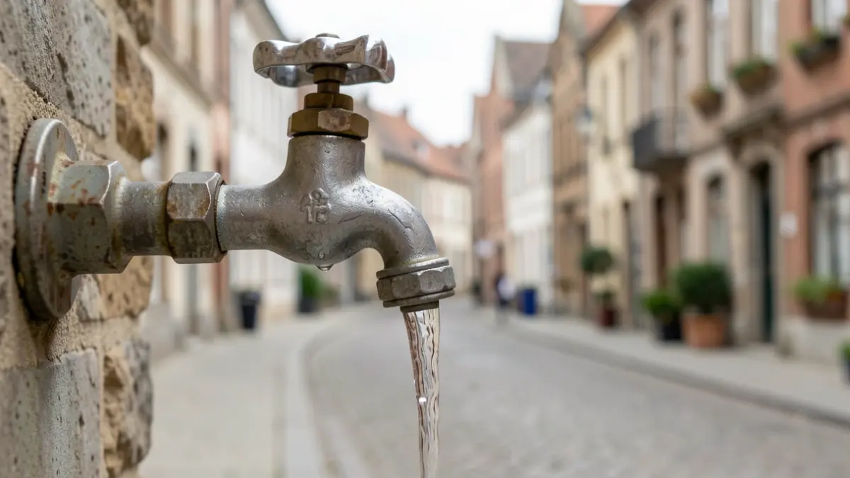 Image générique d'un robinet d'eau claire, symbole de la qualité retrouvée. Arrière-plan flou d'une rue de commune wallonne.