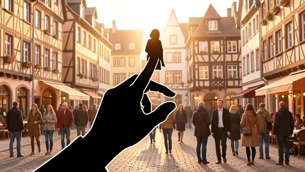 Generic image of a hand highlighting a person's silhouette against a Belgian village square backdrop, warm lighting.