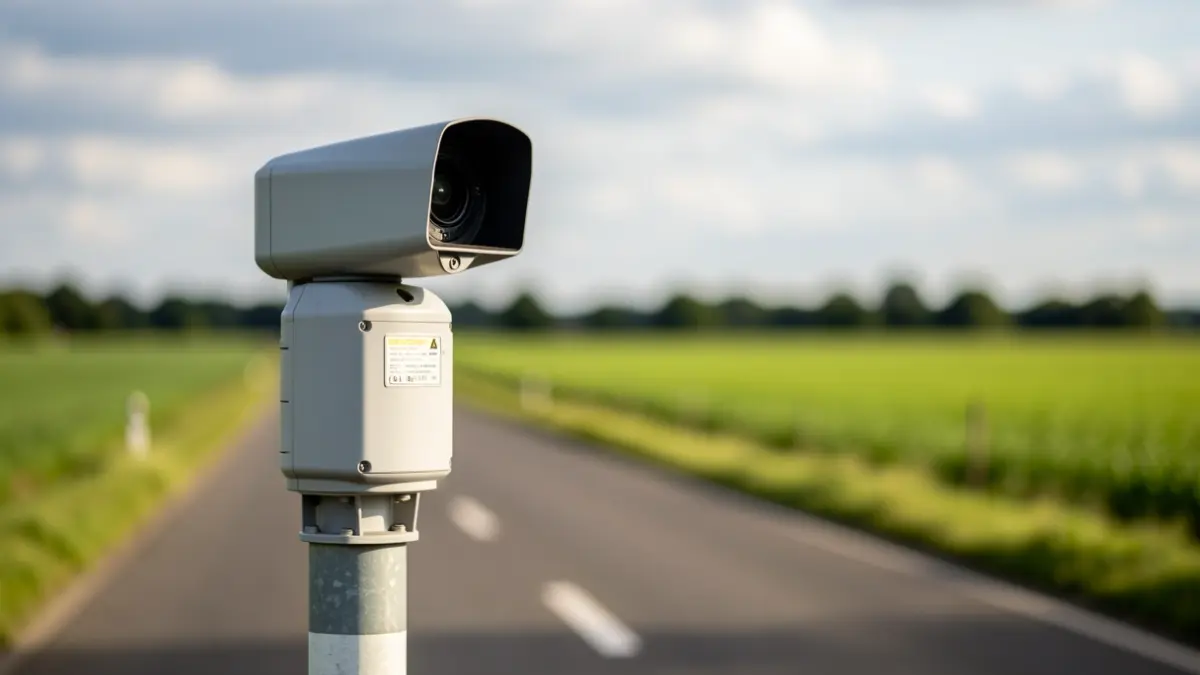 Radar tronçon installé sur une route de campagne en Wallonie, avec un arrière-plan flou de champs verts et un ciel tempéré. L'accent est mis sur l'aspect technologique de la sécurité routière.