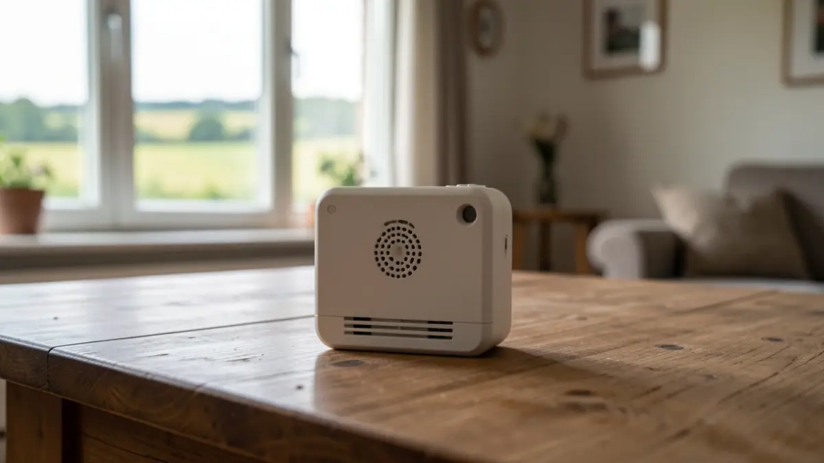 Generic image of a radon detector placed on a table in a living room, soft natural light.
